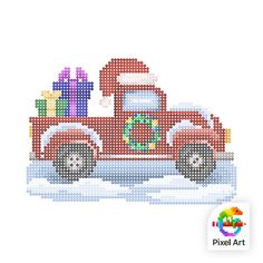 a cross stitch christmas truck with presents in the back and santa's hat on top