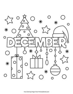 the december coloring page with presents and christmas trees on it's side, in black and