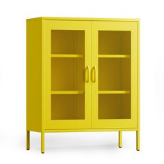 a yellow cabinet with mesh doors on the front and bottom, against a white background