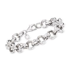 Ross-Simons - Italian Sterling Silver Double Rolo-Link Bracelet. 7.5". Artfully crafted in Italy, this polished sterling silver double rolo-link bracelet seems to transcend time. The classic design is as relevant as ever, now brought to you at a remarkable value. Pair it with your other favorites, or wear it solo for a chic statement. Please note: this bracelet will fit 1/2" smaller due to its thickness. Lobster clasp, sterling silver double rolo-link bracelet. Classic Silver Chain Link Charm Bracelet, Classic Metal Charm Bracelet With Sterling Silver Clasp, Classic Silver Bracelet With Rolo Chain, Classic Silver Bracelets With Rolo Chain, Modern Sterling Silver Bracelets With Rolo Chain, Classic Silver Link Charm Bracelet, Classic White Gold Metal Charm Bracelet, Classic Sterling Silver Rolo Chain Bracelet, Classic Metal Jewelry With Rolo Chain