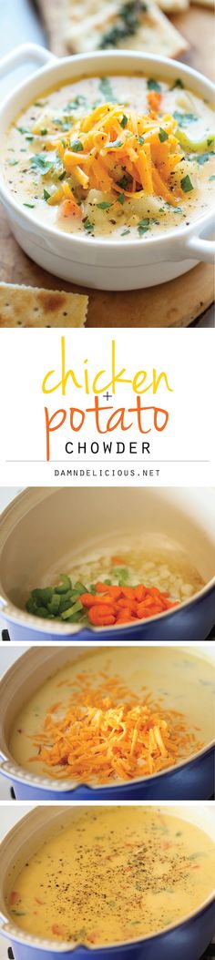 chicken potato chowder soup is shown in three different bowls