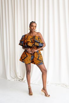 African print shorts gathered design 100% cotton side pockets back elastic front zipper closure with hook... African Print Crop Top, Layered Crop Top, African Fabric Dress, African Inspired Clothing, Wax Fabric, Ankara Style, Infinity Dress, African Clothing Styles, African Design Dresses