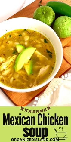 mexican chicken soup in a white bowl with avocado on the side