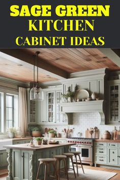 a kitchen with green cabinets and white counter tops is featured in the magazine sage green kitchen cabinet ideas