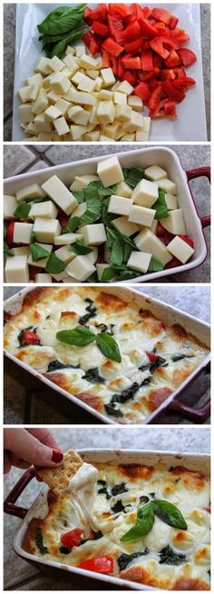 four different views of cheese and vegetables being cooked in baking pans on a table