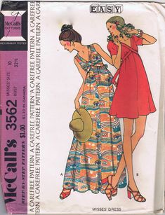 an old sewing pattern with two women in dresses