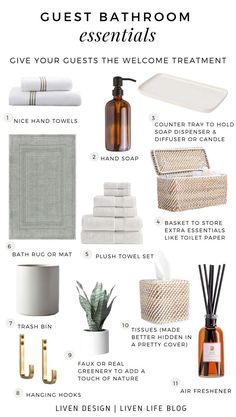 bathroom essentials for the guest room with text overlay that says guest bathroom essentials give your guests the welcome treatment