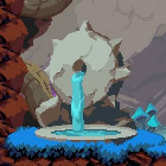 an old - school video game with a fountain in front of rocks and water spouting from it