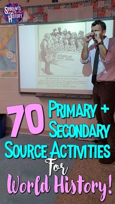 a man standing in front of a projector screen with the words 70 primary secondary and secondary