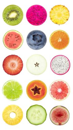 different types of fruit cut in half to look like they are on the same page