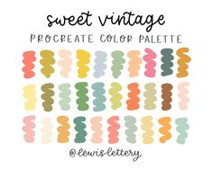 the sweet vintage precreate color palette is shown in various colors and sizes, including peach