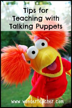 an orange and yellow stuffed animal with the words tips for teaching with talking puppets