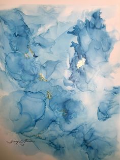 an abstract painting with blue and white colors