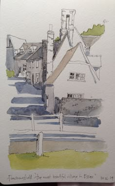 a drawing of some houses on a street