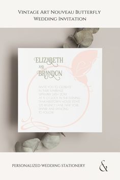 Personalized Art Nouveau Vintage Butterfly Blush Pink Wedding Invitation