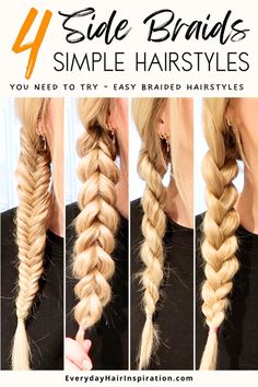 Learn how to creat 4 side braid as a complete beginner! Esy follow along video! How To Side Braid Your Own Hair Simple, How Do You Do Braids, Easy Low Braid Hairstyles, Chunky Side Braid, Easy French Braid For Beginners, Twisted Rope Braid, Simple Side Braid, Easy Braid Tutorial, 33 Braids