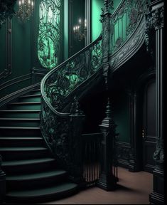 an ornate staircase with green walls and chandelier