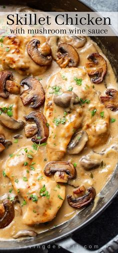 skillet chicken with mushroom wine sauce in a pan