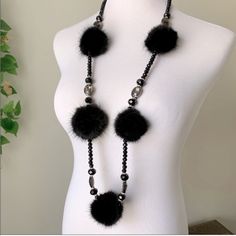 Fur Pom Pom Statement Necklace With Beading. Nwot Black Beaded Necklace With Round Beads, Black Beaded Long Necklace With Round Beads, Black Long Necklace With Round Beads, Large Black Beads For Party, Adjustable Black Beaded Necklaces As Fashion Accessory, Adjustable Black Beaded Necklace As Fashion Accessory, Elegant Handmade Black Long Necklace, Party Necklace With Black Beads, Handmade Black Beaded Necklaces For Party