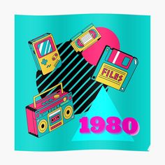 an old fashioned radio, boombox and cassette player on a blue background with the words'80s '