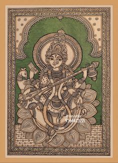 Ganesha Madhubani Art, Easy Kalamkari Painting, Saraswati Madhubani Painting, Kalamkari Ganesha, Madhubani Art Design Indian Paintings, Kalamkari Art Paintings, Jamini Roy Paintings Folk Art, Kalamkari Painting Easy