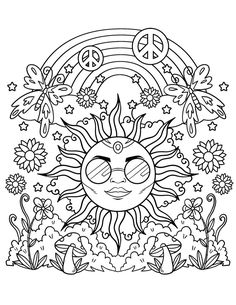 a coloring page with the sun and flowers