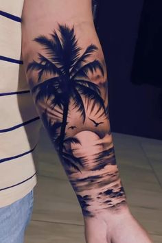 a person with a palm tree tattoo on their arm