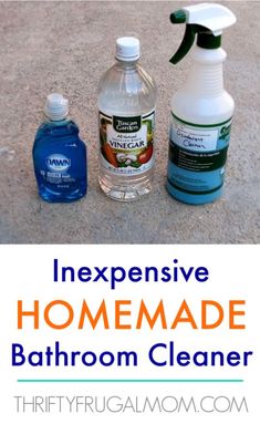 three different types of cleaning products on the ground with text overlay that reads, expensive homemade bathroom cleaner