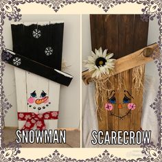 two snowman scarecrows are hanging on the wall