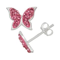 Decorated with eye-catching pink crystals, these Charming Girl butterfly stud earrings are an enchanting choice. EARRING DETAILS Diameter: 7.5 mm Backings: post Metal: sterling silver Packaging: boxed Made with Swarovski crystals Size: One Size. Gender: female. Age Group: kids. Nickel-free Pink Earrings For Birthday, Pink Sterling Silver Earrings For Birthday, Pink Round Earrings For Birthday, Pink Round Birthday Earrings, Pink Crystal Round Earrings For Gift, Pink Sterling Silver Crystal Earrings As Gift, Pink Sterling Silver Crystal Earrings Nickel Free, Nickel-free Pink Crystal Earrings In Sterling Silver, Pink Birthstone Earrings In Sterling Silver