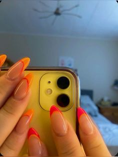 Orange Nail Tips French Manicures, Pink And Orange Nails Almond, Orange Vacation Nails, Thailand Nails, Orange And Pink Nails, Orange Nails Summer, Pink And Orange Nails, Orange French Tip, Sprinkle Nails