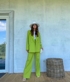 Linen pants suit, Palazzo suit, Green linen blazer, linen woman suit, linen pants, blazer woman, linen blazer set, Green linen suit⭐Size:Please write your chest, waist, hips, height, and we will make a suit to your individual measurements:)⭐Our fabric:We have used a premium quality 100% linen: it's light and soft, pleasant to wear and easy to wash. ⭐Please, note:• Colors may slightly differ from images due to monitor used;• You may be a subject to additional taxes from the country you will order Womens Suit Pants Outfit, Funky Pant Suits For Women, Lime Suit For Women, Woman Green Suit, Light Green Linen Pants Outfit, Women Green Suit Outfit, Linen Blazer Set, Colorful Suit Women, Formal Colorful Outfit