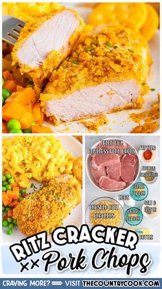 a collage of photos with different types of food on it and the words pizz cracker pork chops