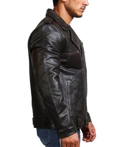 Motorcycle Black Men Genuine Leather Jacket Make heads turn with the AlexGear black motorcycle jacket. Crafted with the needs of the biking community in mind, this outerwear is designed to check all boxes, whether it is convenience, style, or comfort. Wear it on your adventures, as this jacket will serve as a reliable companion, accompanying you on all your unforgettable moments. Made with genuine leather, this black biker jacket ensures a durable exterior to shield the wearer from environmental Collarless Leather Jacket, Red Jacket Leather, Celebrity Inspired Outfits, Black Motorcycle Jacket, Black Biker Jacket, Motorcycle Black, Blue Leather Jacket, Classic Motorcycle, Leather Jacket With Hood