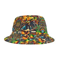 Originally protecting fishermen from rain in the 1900s, the bucket hat has now become a top fashion pick for all ages. This personalized bucket hat features vibrant Reggae art, bringing a touch of musical culture to your wardrobe. Made from 100% polyester, it's not only durable but also comfortable for everyday wear. Choose your preferred stitching color and make this modern wardrobe staple truly your own. Perfect for any casual outing, this bucket hat will keep you stylish and shaded wherever you go. Material: 100% polyester Sizes: Available in 2 sizes Customization: Two stitching color options Label: Sewn-in label Origin: Made in USA Adjustable Bucket Hat For Streetwear, Adjustable Streetwear Bucket Hat, Adjustable Multicolor Bucket Hat, Adjustable Casual Bucket Hat For Music Festival, Adjustable Curved Brim Sun Hat For Streetwear, Adjustable Multicolor Bucket Hat With Curved Brim, Adjustable Multicolor Casual Hats, Multicolor Outdoor Bucket Hat, Casual Multicolor Adjustable Hats