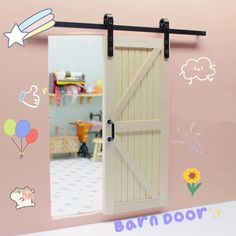 an open door to a bedroom with stickers on the walls and below it is a pink wall