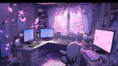 a computer desk topped with two monitors next to a window covered in purple butterfly wings