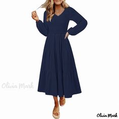 Olivia Mark - Solid Color Long Sleeve Maxi Dress Blue V-neck Midi Dress Solid Color, Blue Solid Color Winter Dress, Winter Solid Color V-neck Maxi Dress, Casual V-neck Winter Maxi Dress, Casual V-neck Maxi Dress For Winter, Casual Winter Maxi Dress V-neck, Winter V-neck Maxi Dress Solid Color, Blue Solid Color Maxi Dress For Fall, Casual Blue Solid Color Maxi Dress