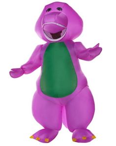 an inflatable purple dinosaur with green shirt and yellow feet