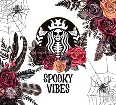 the starbucks logo is surrounded by flowers and feathers on a white background with spider webs