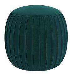 a green stool with pleated fabric on the top and bottom, sitting in front of a white background