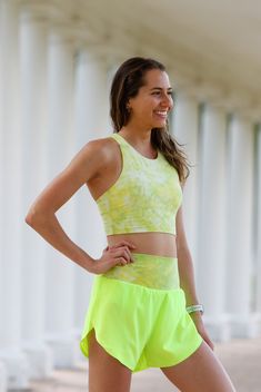 Let the legs feel free and fast in the Virginia Ultralite Split Shorts! Pair these with the Kella Pocket Crop Top in lemon-lime or the Cleo Pocket Bra in lemon-lime! bonded seams on the bottom hem! back zipper pocket to store your key, card, or on-the-run nutrition inner brief designed for ease of movement and on-the-run comfort ultra-lightweight performance fabric for the upper shorts layer the same no pinch comfy waistband as on the bestselling Madison Pocket Shorts Green Activewear With Built-in Shorts For Spring, Green Yoga Shorts For Spring, Yellow Activewear With Built-in Shorts For Spring, Neon Yellow Stretch Workout Bottoms, Spring Green Activewear With Elastic Waistband, Green Activewear With Elastic Waistband For Spring, Yellow Short Length Activewear For Summer, Yellow Yoga Bottoms With Built-in Shorts, Yellow Short-length Summer Activewear