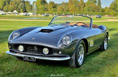 a black sports car parked on top of a lush green field