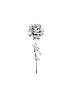 a black and white drawing of a rose with the word love written in cursive writing