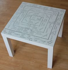 a white table with writing on it sitting on top of a hard wood floor next to a wall