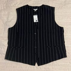 Nwt Cato Fashions Striped Button-Down Vest Size: Women’s Large Color: Black With White Stripes * Fake Pockets Black And White Awning, Cato Fashion, Striped Vests, Down Vest, Style Board, Black Stripes, Cupboard, White Stripe, Button Downs