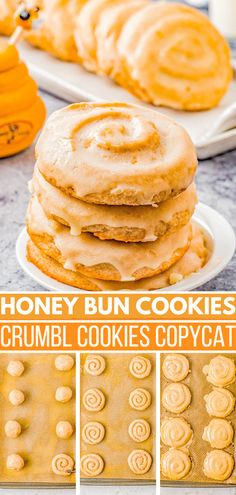 honey bun cookies with crumbs and copycatch in the middle on a white plate