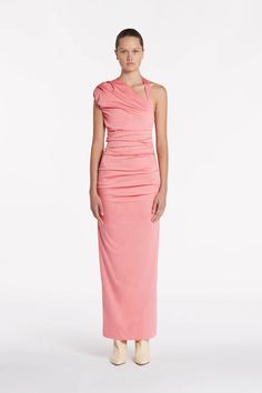 Giacomo Gathered Gown – SIR. Asymmetric Neckline, Fitting Dress, Form Fitting Dress, Split Hem, Open Back, Cut Out, Split, Pink, How To Wear