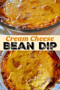 two pictures of different types of food in pie pans with the words cream cheese bean dip above them