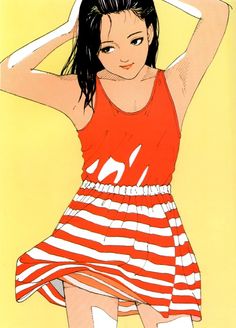 a drawing of a woman in a red and white striped dress with her arms behind her head